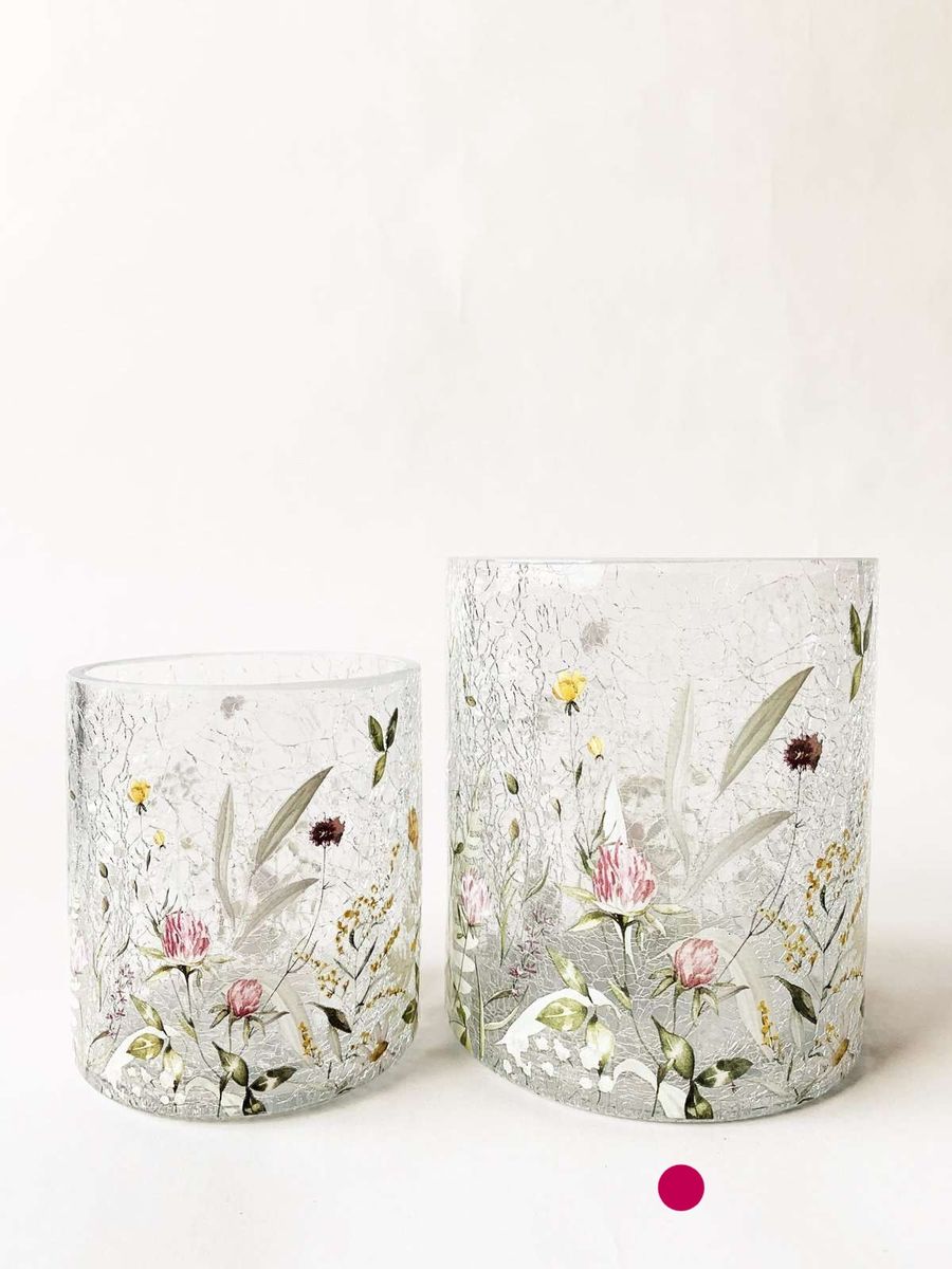 Lysglass krakelert 11,5x13 cm, blomstereng rosa/gul