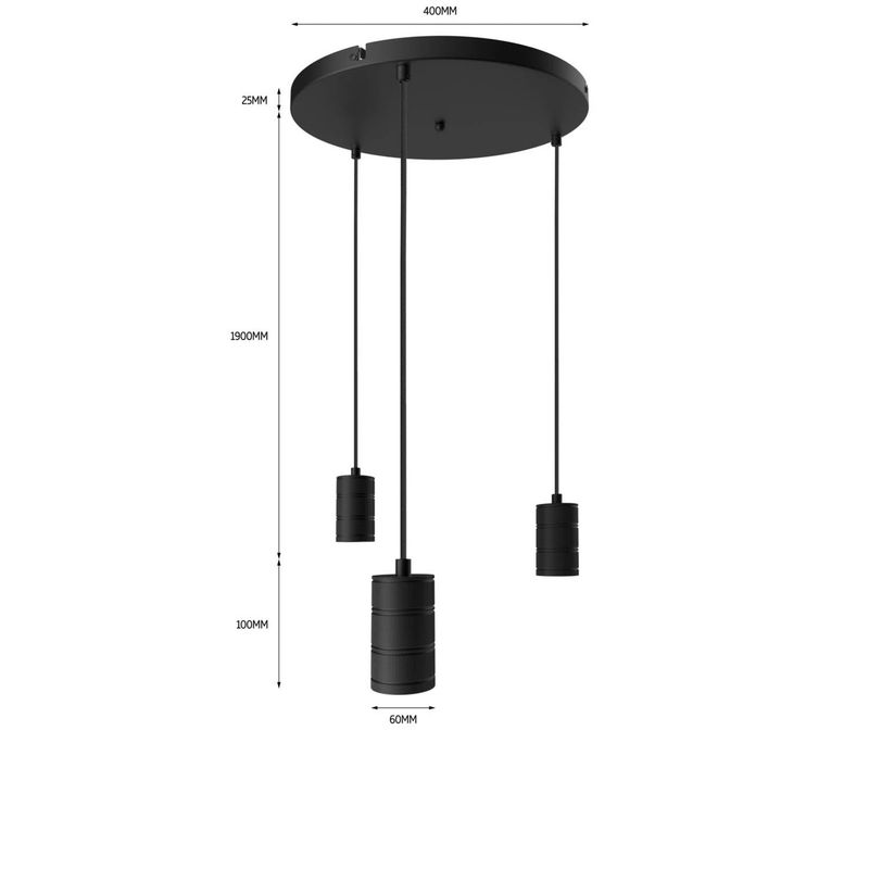 Retro Pendellampe Sort E27 3x2m justerbar tekstil kabel